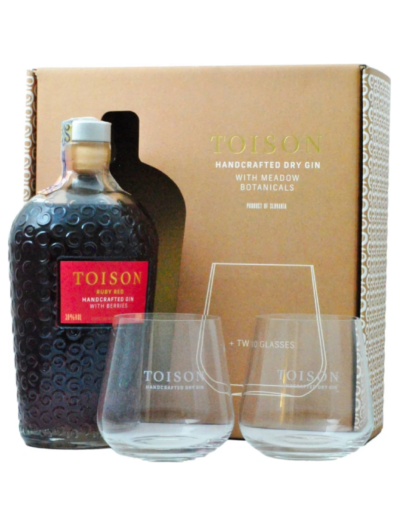 TOISON GIN RUBY RED 0,7 l 38% ajándékdoboz 2 pohárral