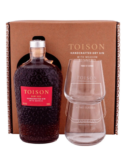 TOISON GIN RUBY RED 0,7 l 38% ajándékdoboz 2 pohárral
