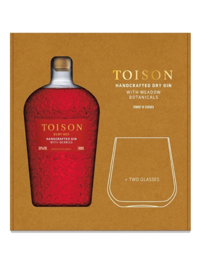 TOISON GIN RUBY RED 0,7 l 38% ajándékdoboz 2 pohárral
