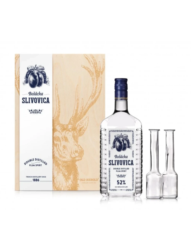 Bošácka szilvapálinka 52% 0,7l-es kazetta 2 ivópohárral (Szarvas motívum)